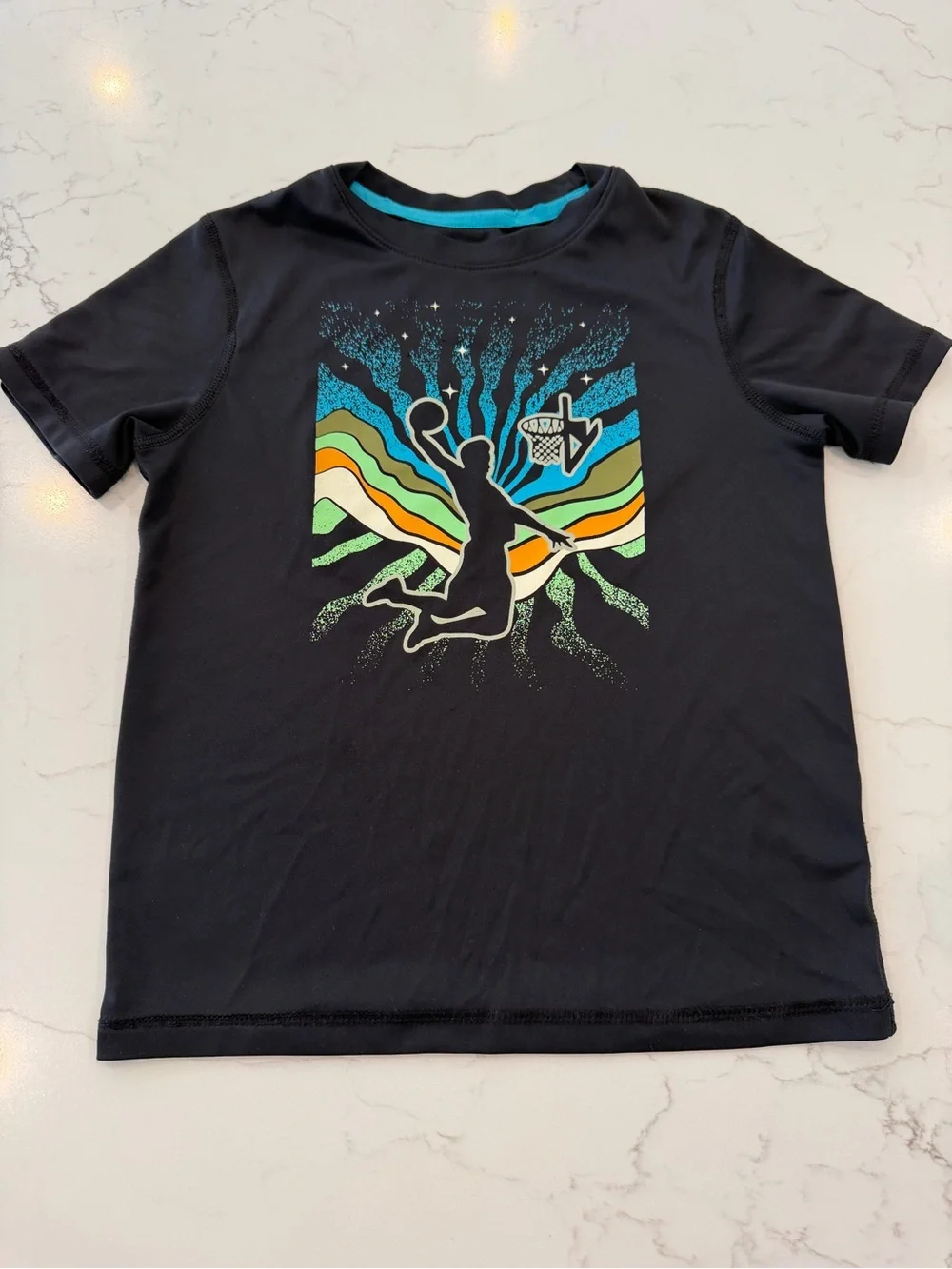 Boys Black Basketball Graphic Tee with Colorful Retro Waves